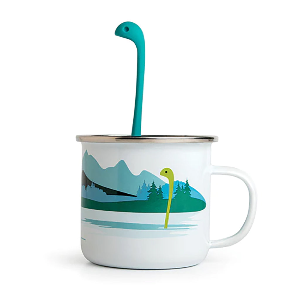 Enamel mug with Loch Ness and Nessie with a Nessie Tea Infuser