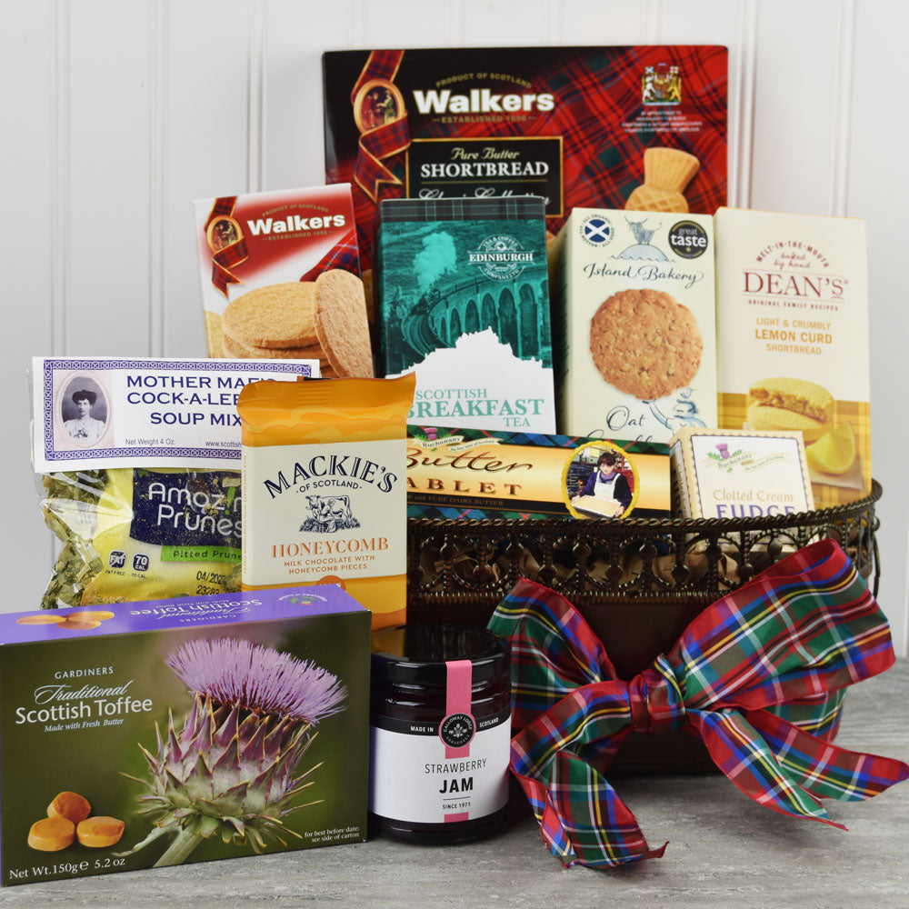 Discover Scotland Gift with eleven delicious treats in a burnished metal planter.