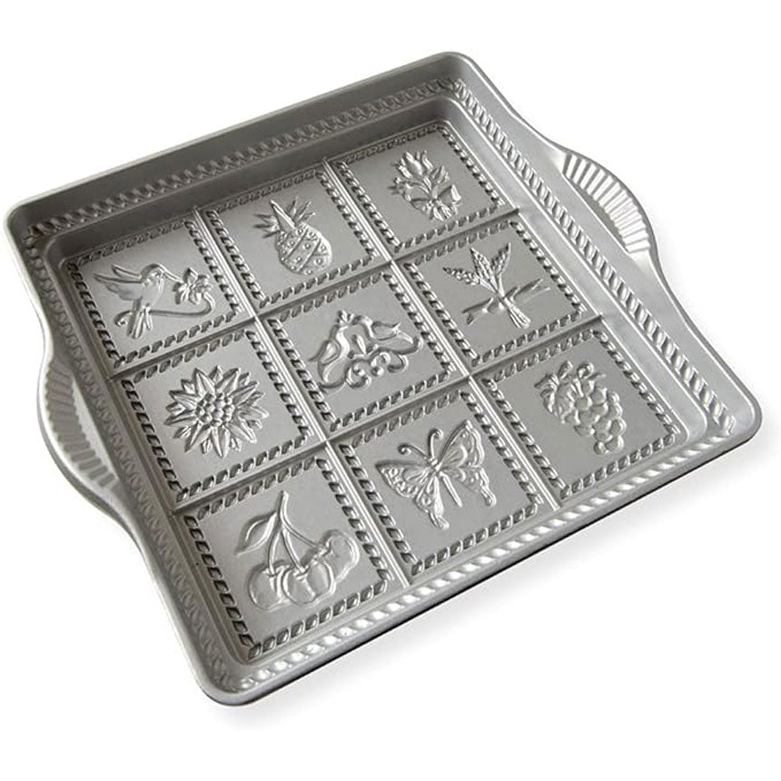 Square metal shortbread pan with flowers, fruits and butterflies