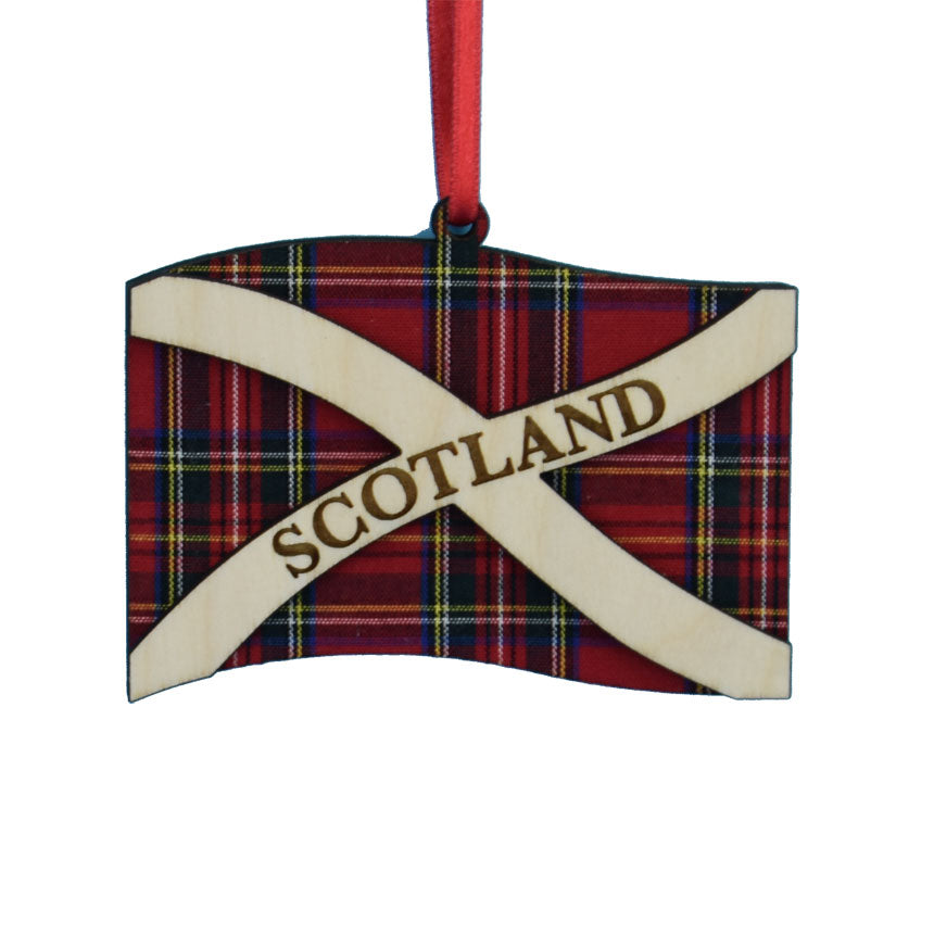Scotland Flag Ornament in wood & tartan