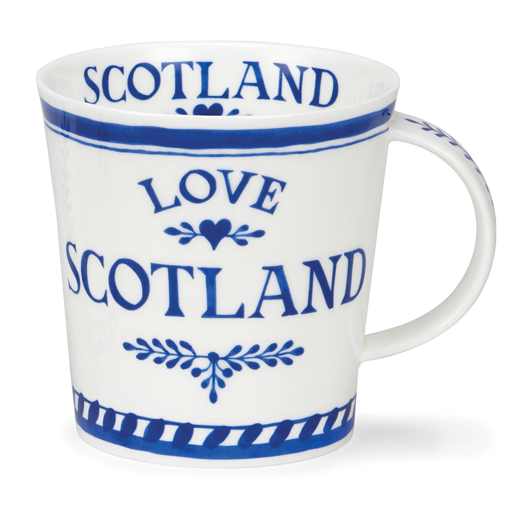 Dunoon mug in blue an white with the words Love Scotland