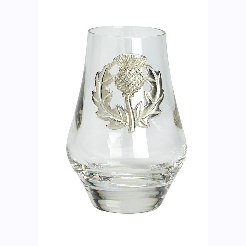 Scotch tasting glass with pewter thistle decoration. Gift boxed.