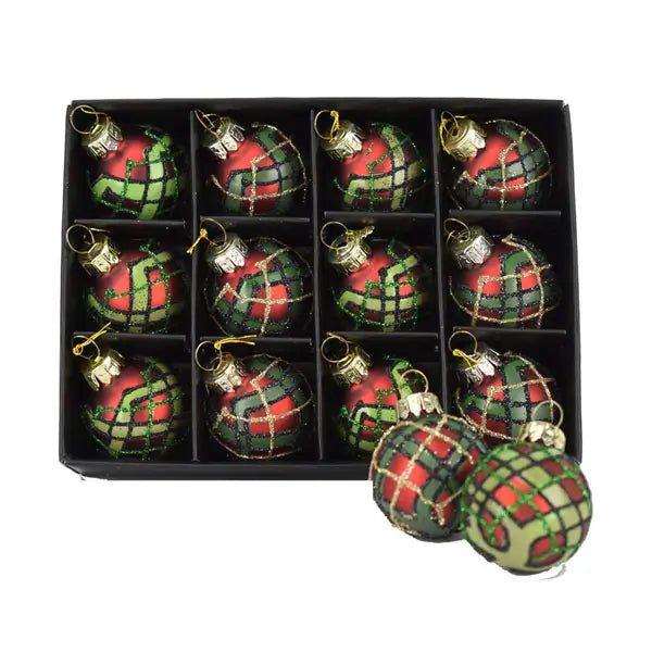 Tartan Baubles 12 mini round ornaments