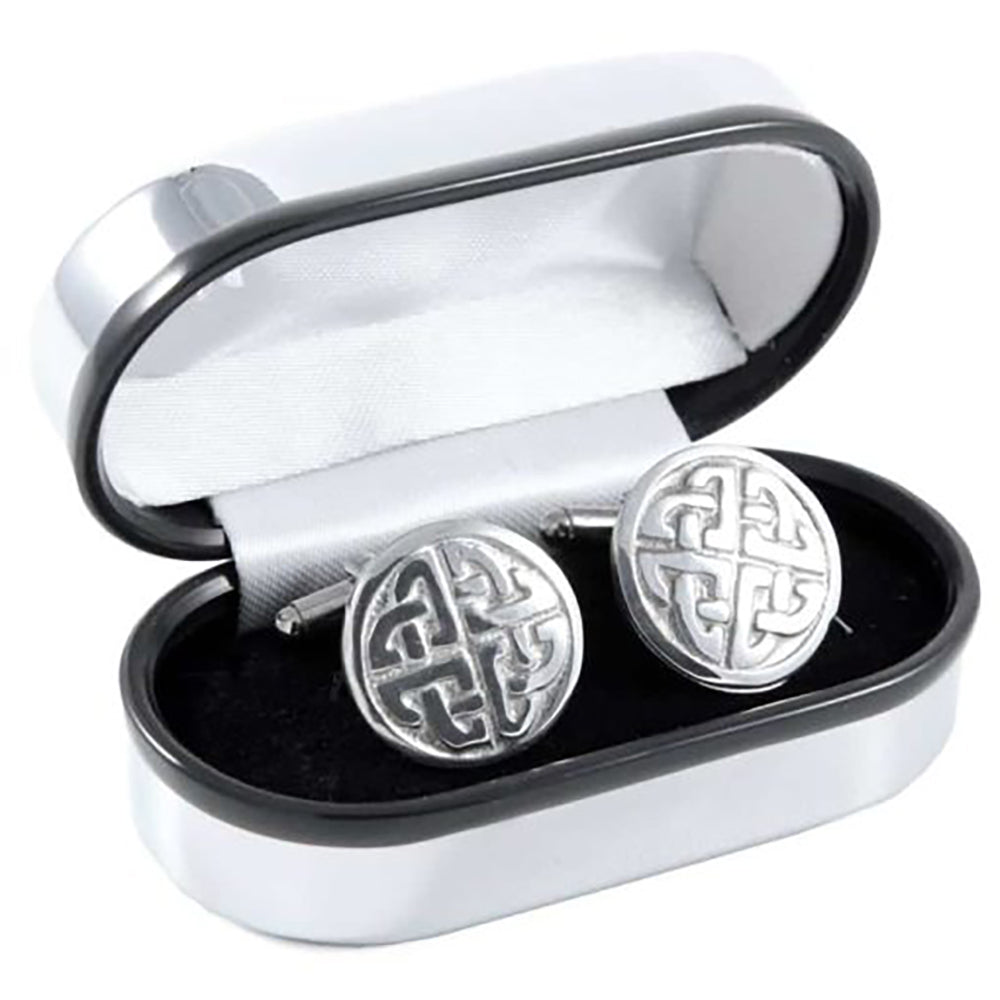 Celtic knots in round pewter cufflinks made in Scotland