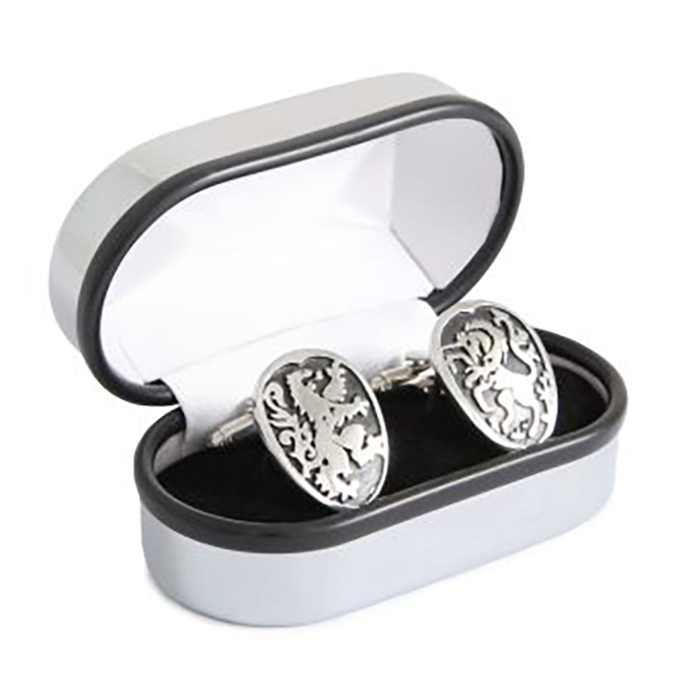 Set of pewter cufflinks with a lion and a unicorn - one on each cufflink.