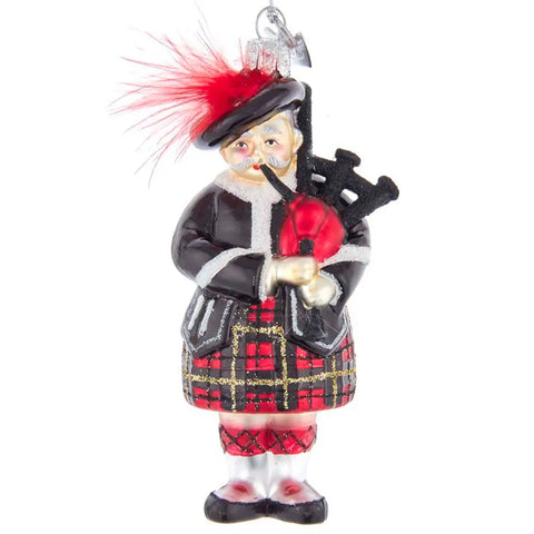 Highland Piper Glass Ornament with Red Feather Cockade