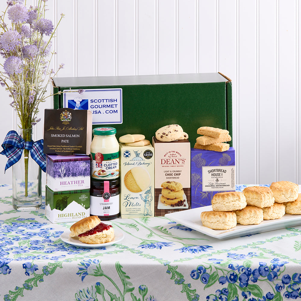 Highland Tea Gift box with scones clotted cream salmon pate and three different types of shortbread cookies