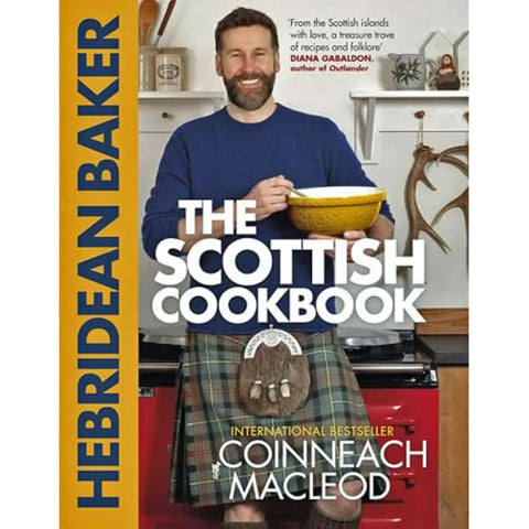 Cookbook cover with a man in a kilt holding a bowl in a kitchen.