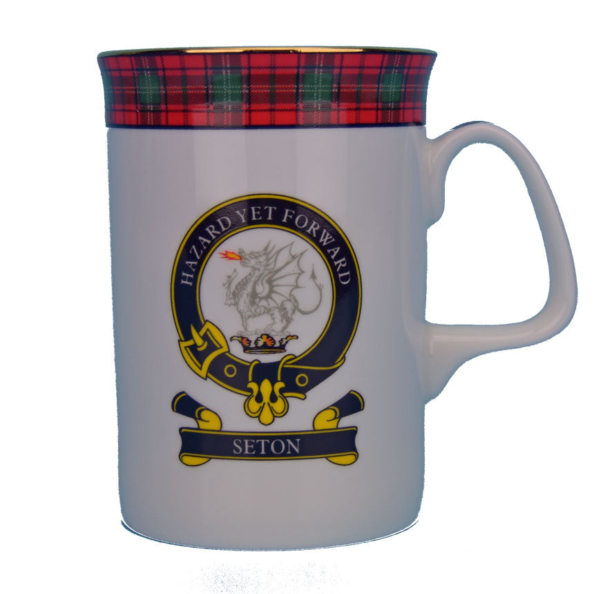 Clan Seton Mug with creat and tartan rim