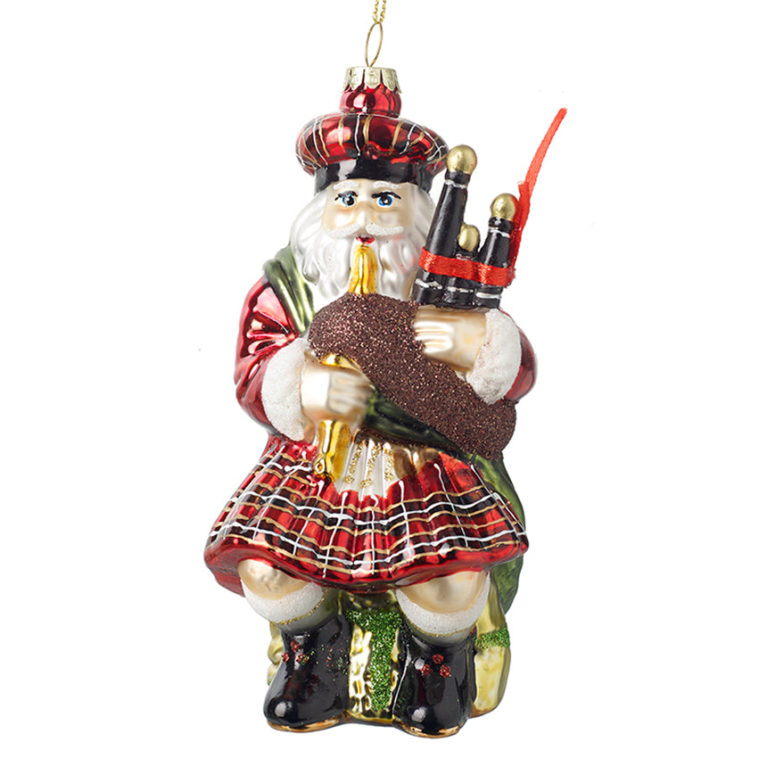 Sitting Scottish Piping Santa Glass Ornament