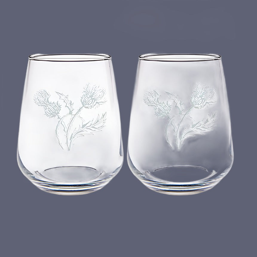 Thistle Etched Stemless Wine Glasses
