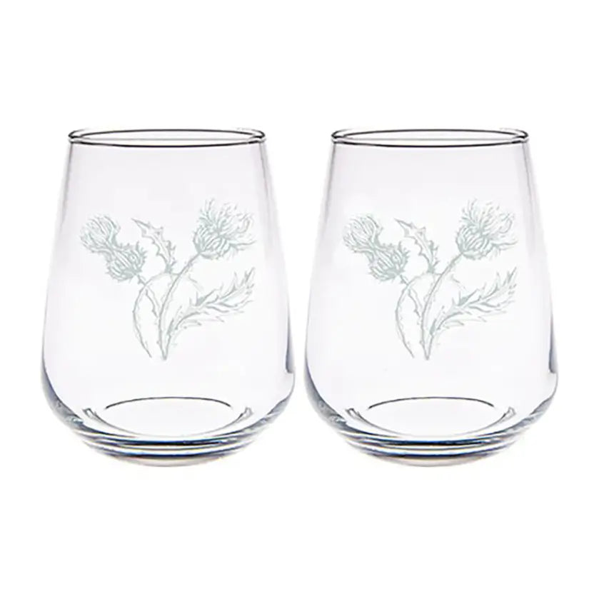 Thistle Etched Stemless Wine Glasses – Scottish Gourmet USA