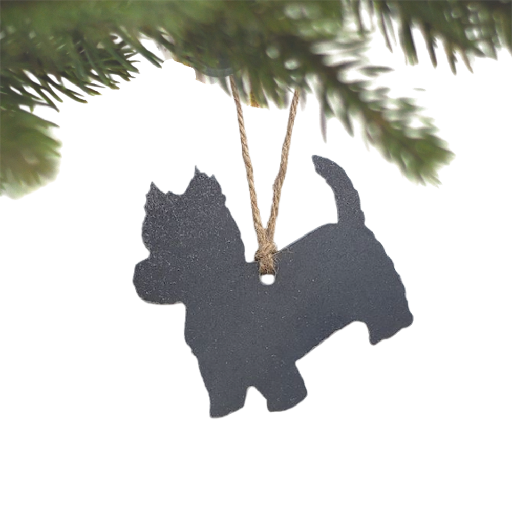 West Highland Terrier Ornament made of recycled steel on twine.